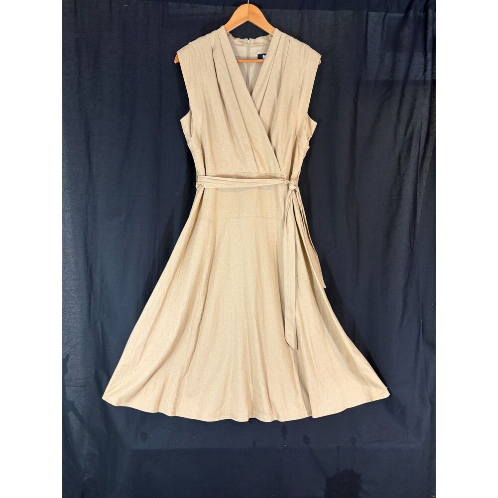 DKNY Linen Blend Sleeveless Faux Wrap Midi Dress Beige Tan Summer Career Sz 10